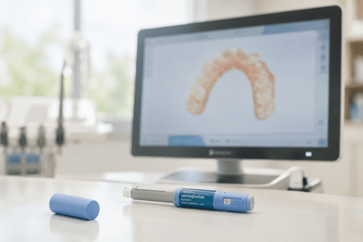Ozempic injection pen in a dental office with a digital 3D scan of teeth displayed in the background